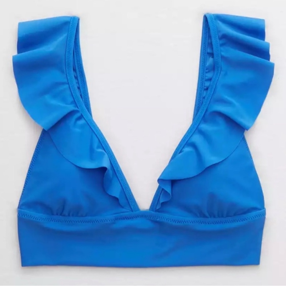 Aerie Ruffle Longline Bikini Top Blue Vibe